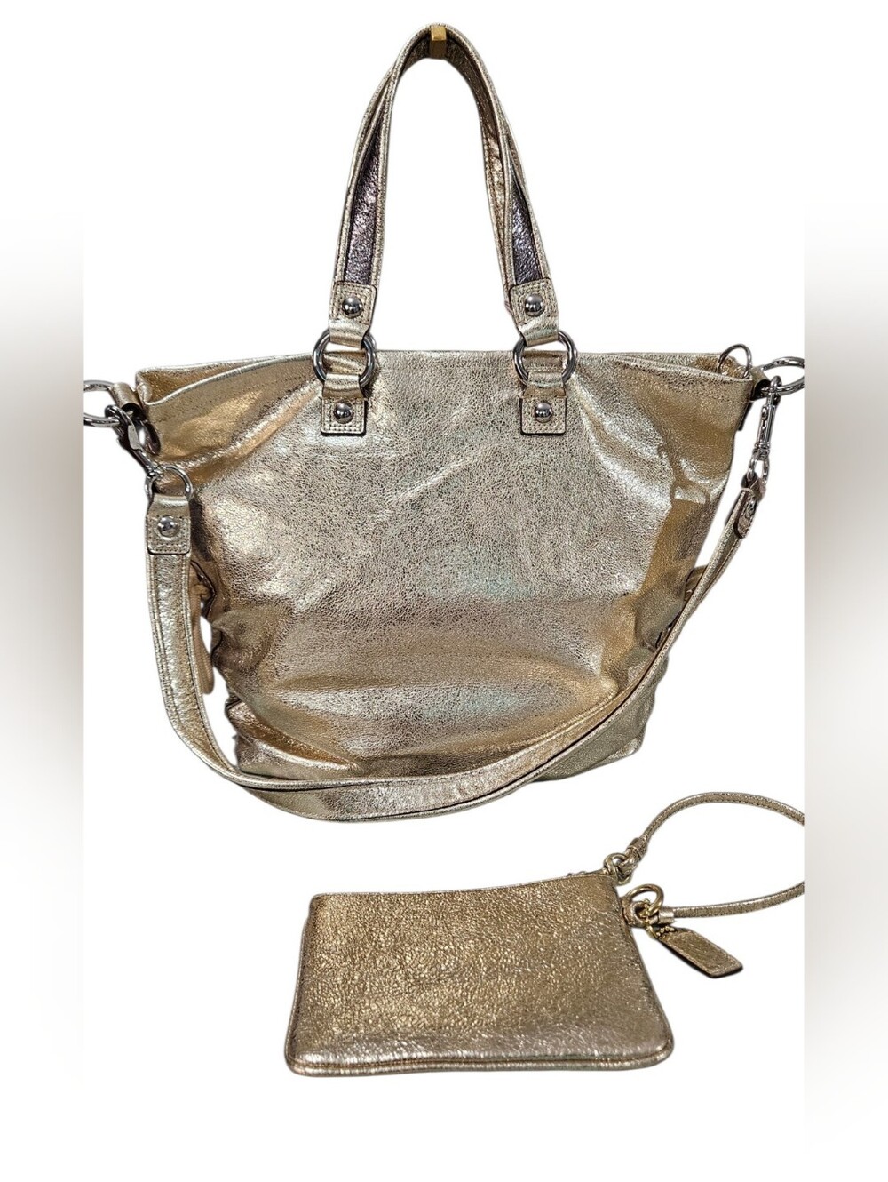 Coach Poppy "STAR" Spotlight Metallic Shoulder Bag w/matching Wristlet & Scarf - Picture 13 of 16